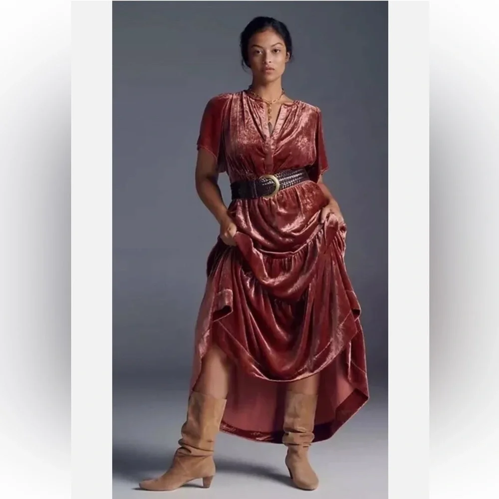 Anthropologie Velvet Maxi Dress in Deep Rust/Raspberry color small petite - Picture 2 of 10
